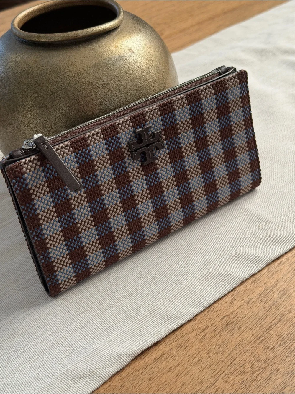 New TORY BURCH BLAKE PLAID SLIM WALLET blue multi